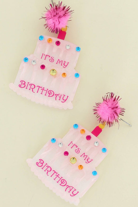 Birthday Cake w/ Pom Pom Dangle Earrings - " It's My Birthday"