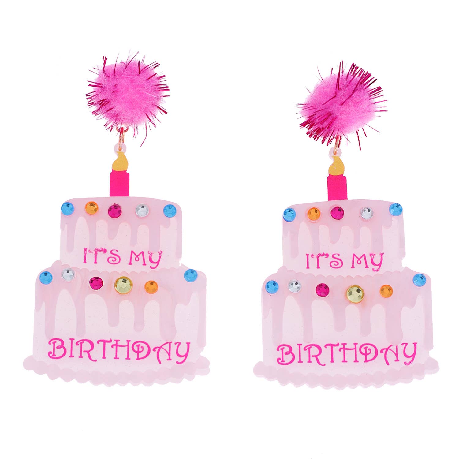 Birthday Cake w/ Pom Pom Dangle Earrings - " It's My Birthday"