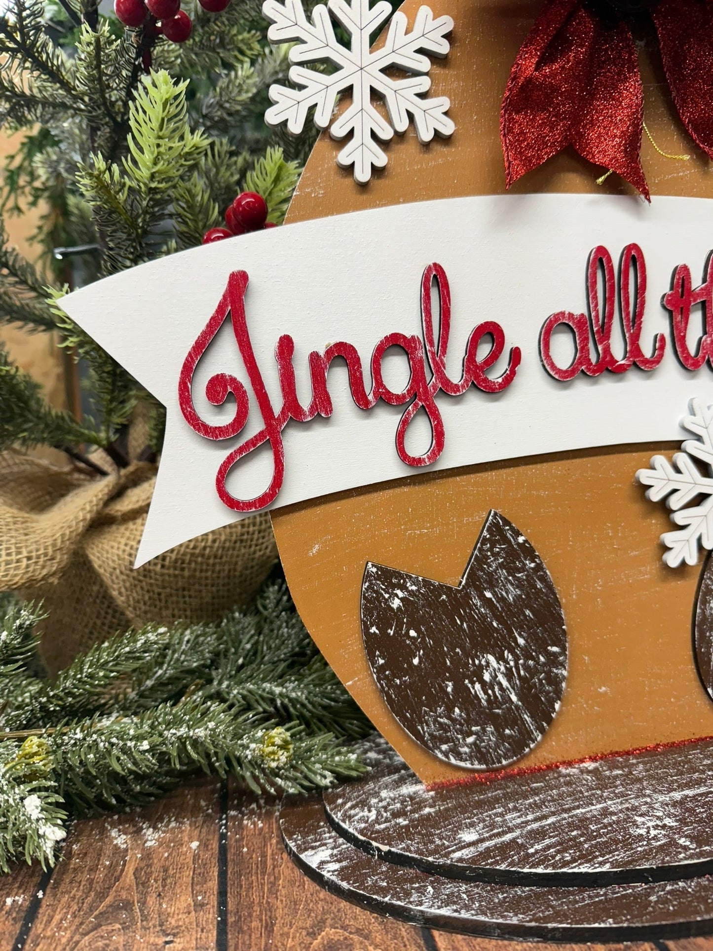 Jingle All The Way Reindeer Christmas Shelf Sitter Reversible Holiday Wood Decor - Nifty Decor & More
