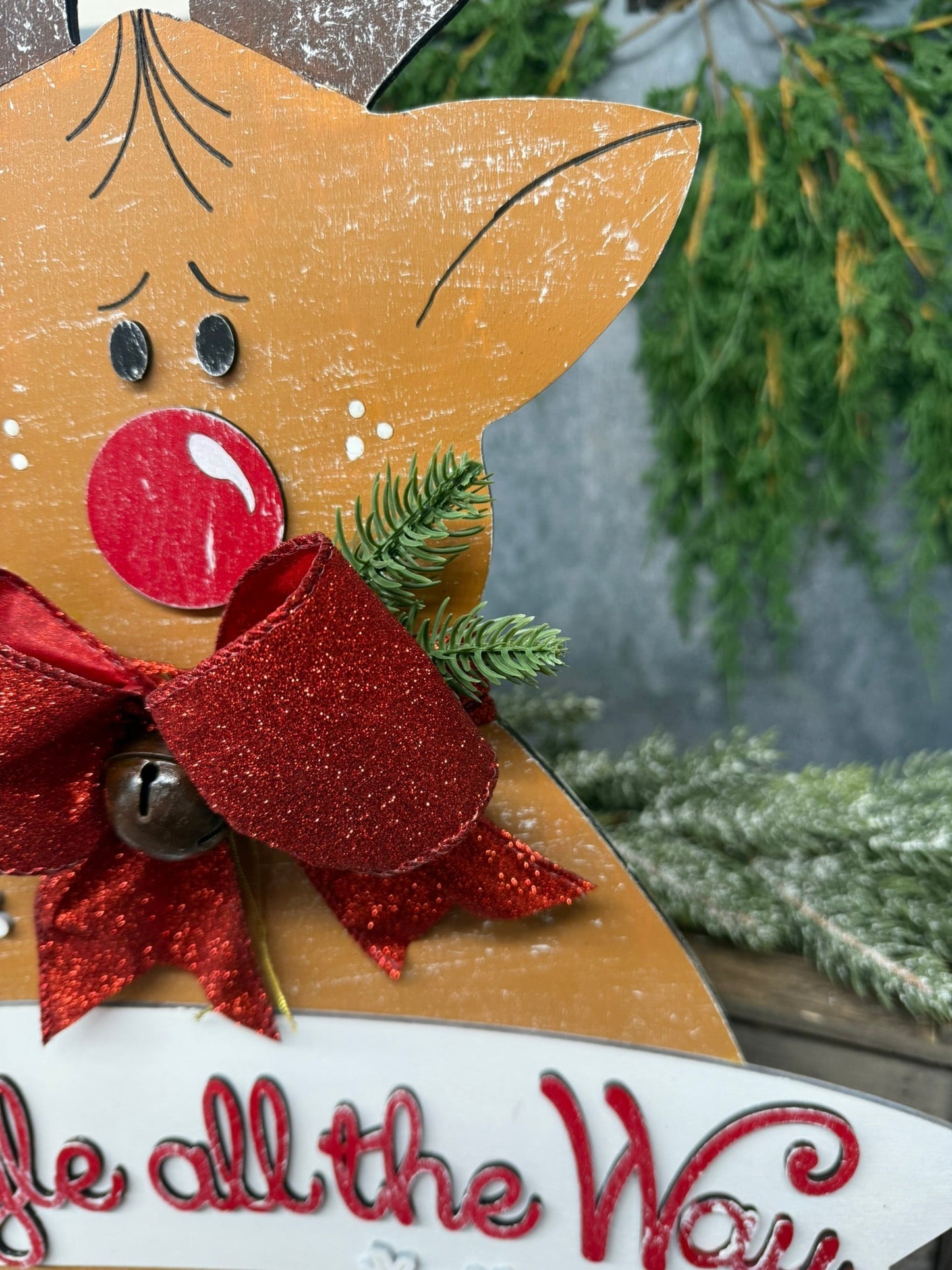 Jingle All The Way Reindeer Christmas Shelf Sitter Reversible Holiday Wood Decor - Nifty Decor & More