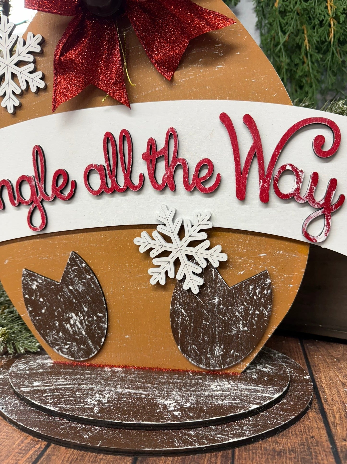 Jingle All The Way Reindeer Christmas Shelf Sitter Reversible Holiday Wood Decor - Nifty Decor & More