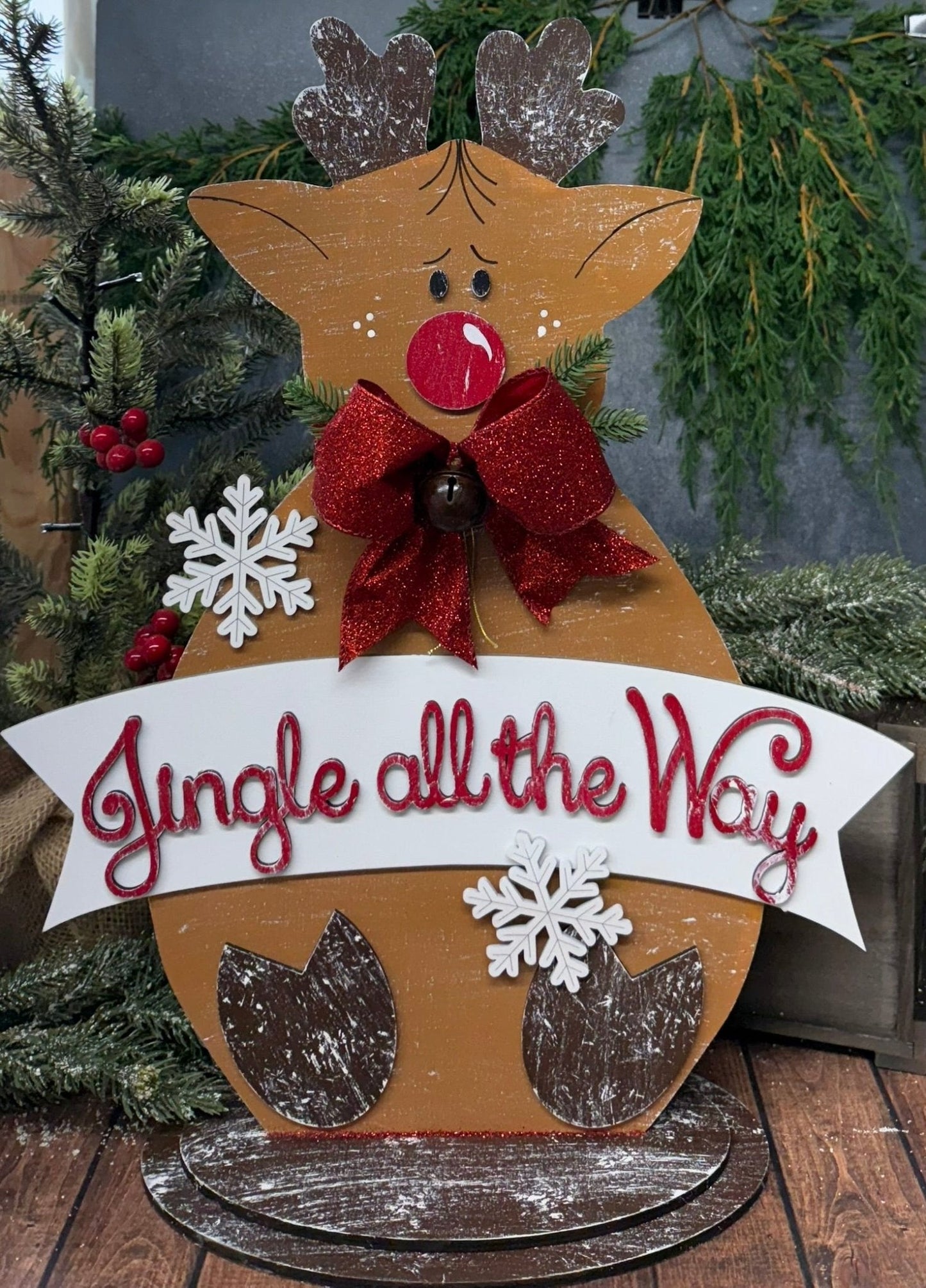 Jingle All The Way Reindeer Christmas Shelf Sitter Reversible Holiday Wood Decor - Nifty Decor & More