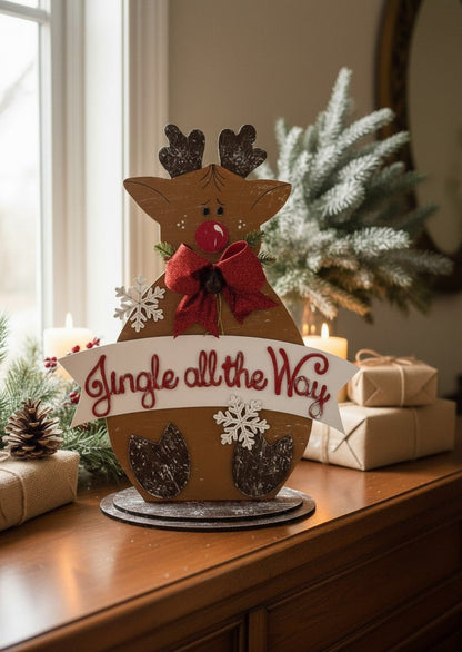 Jingle All The Way Reindeer Christmas Shelf Sitter Reversible Holiday Wood Decor - Nifty Decor & More