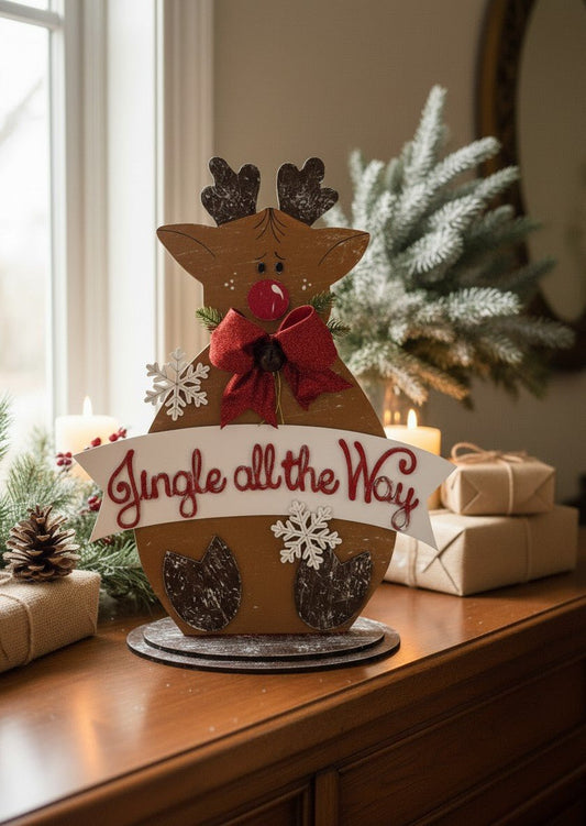 Jingle All The Way Reindeer Christmas Shelf Sitter Reversible Holiday Wood Decor - Nifty Decor & More