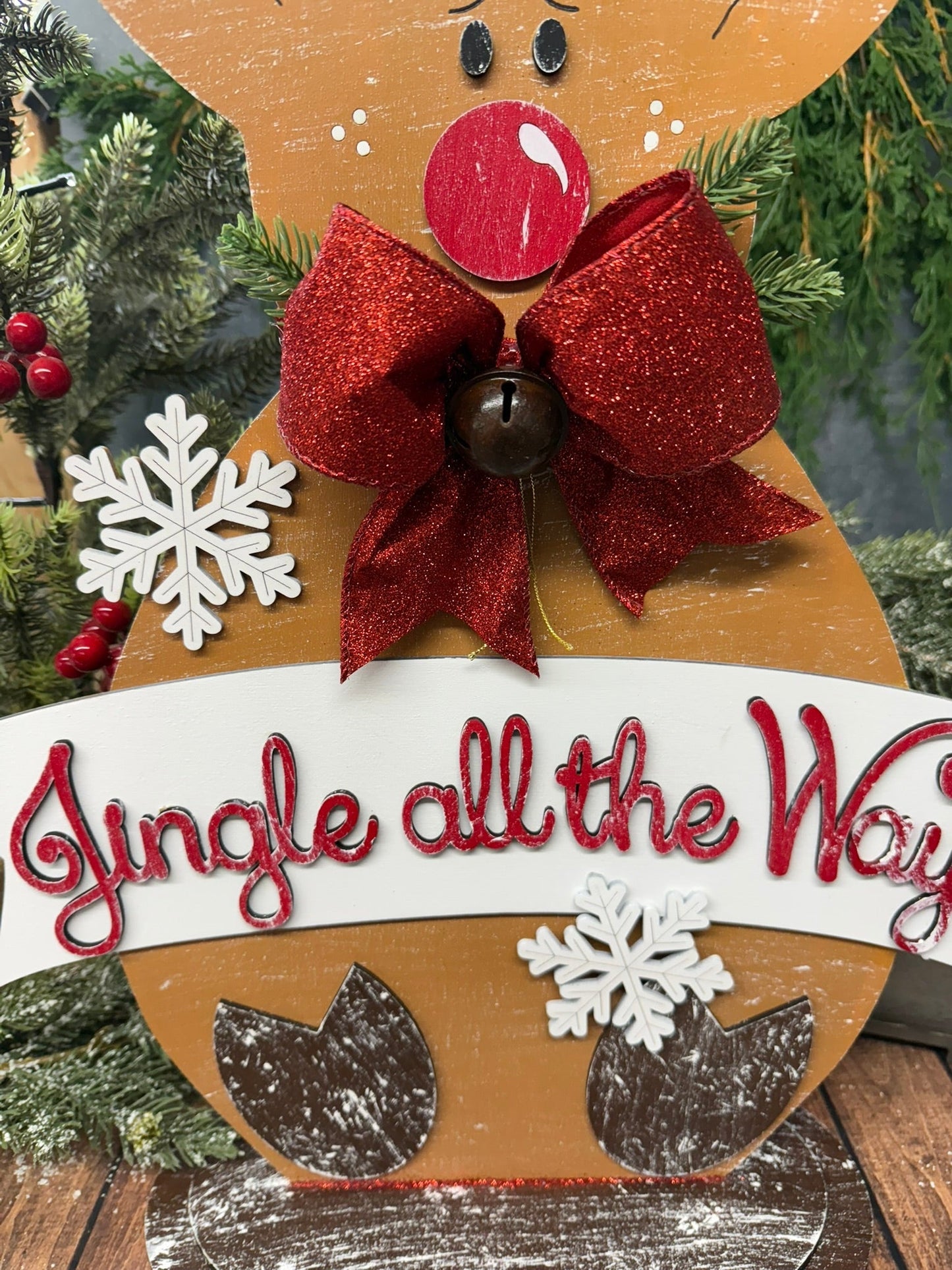 Jingle All The Way Reindeer Christmas Shelf Sitter Reversible Holiday Wood Decor - Nifty Decor & More