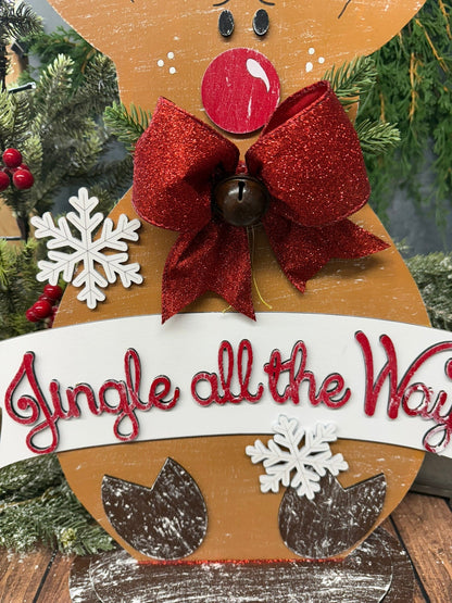 Jingle All The Way Reindeer Christmas Shelf Sitter Reversible Holiday Wood Decor - Nifty Decor & More