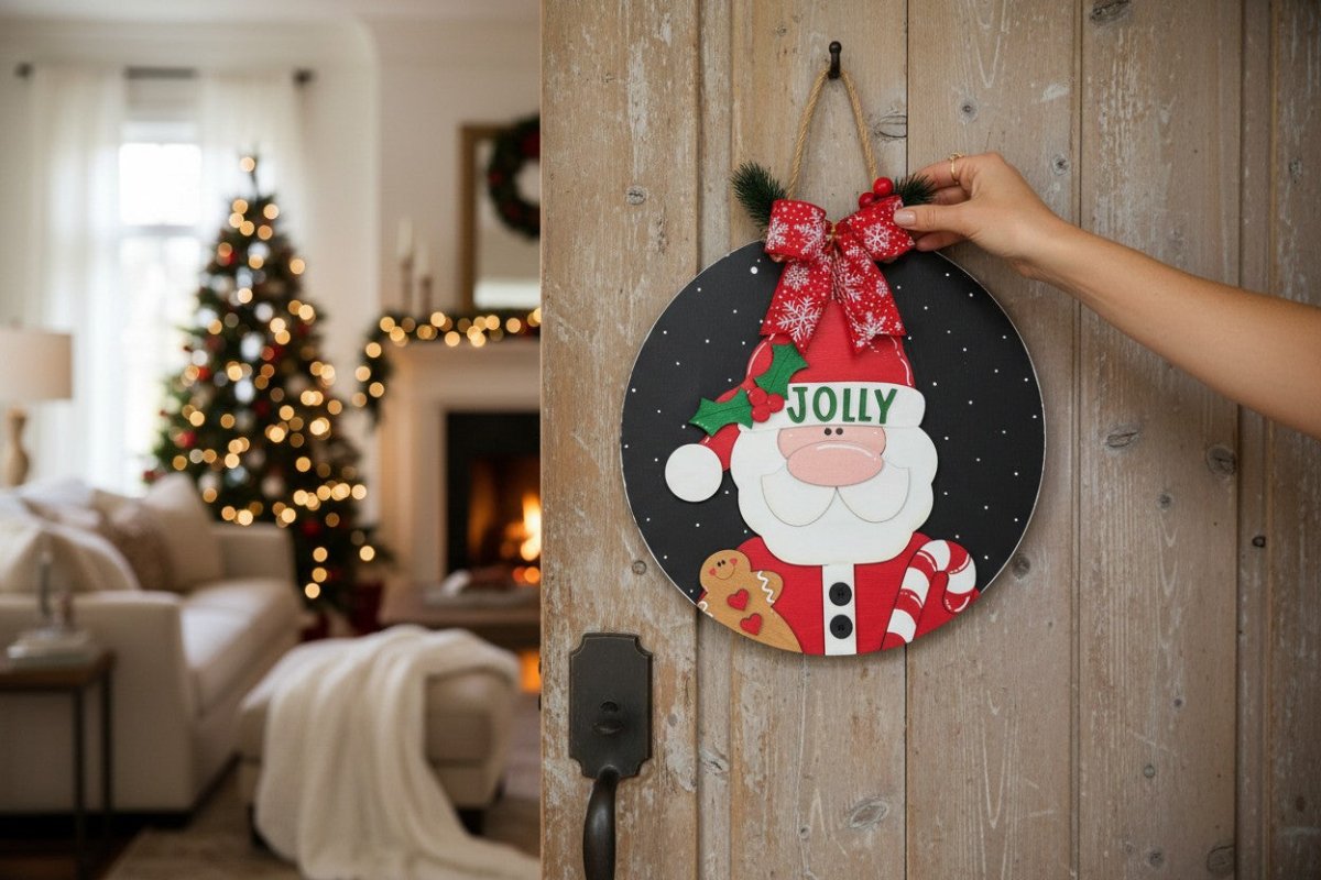 Jolly Santa Sign Christmas Wall Decor Handmade Wooden Santa Ornament Holiday Door Hanger - Nifty Decor & More
