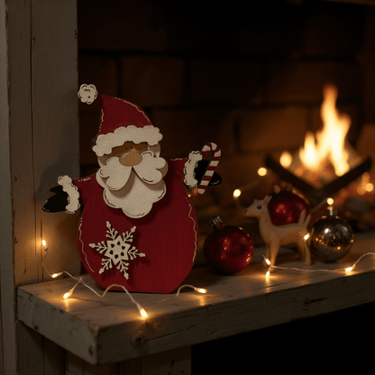 Jolly St. Nick Santa Shelf Sitter, Christmas Decor, Red & White Candy Canes Snowflakes, Holiday Table Centerpiece Santa figurine