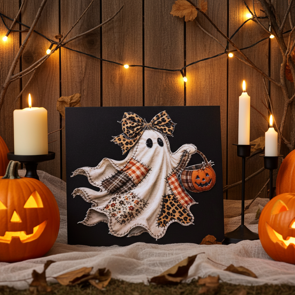 A square black canvas or print featuring a patchwork-style ghost with leopard-print and plaid elements, displayed in a Halloween-themed setting with candles, pumpkins, and string lights.