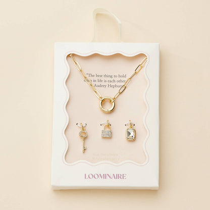 Key Charm Necklace with Sparkling Gemstones, Stylish Gold Dipped Statement Piece, Birthday or Anniversary Gift charm necklace