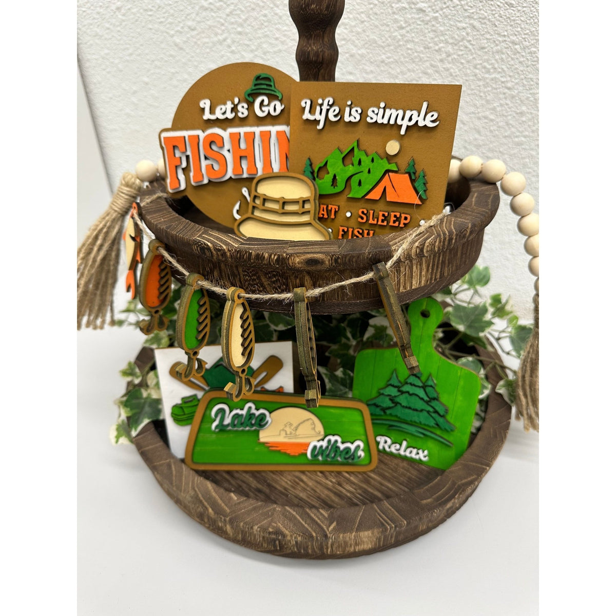 Lake Vibes Tiered Tray Decor Summer Fishing and Cabin Wood Signs Set - Nifty Decor & More