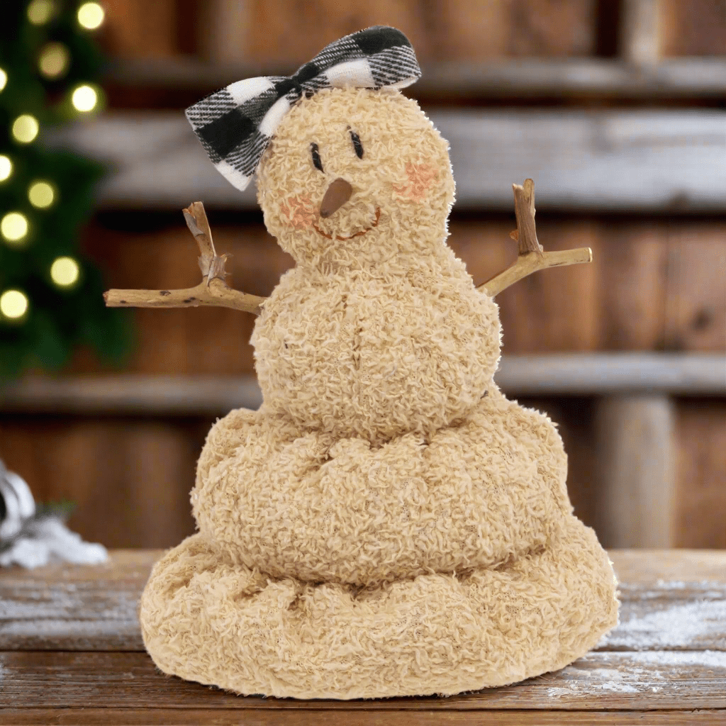 Large Chenille Melting Snowman Decorative Tabletop Object Buffalo Check Snowman