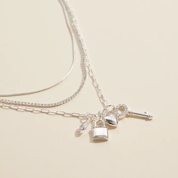Layered Necklace with Lock, Key & Heart Charms - Nifty Decor & More