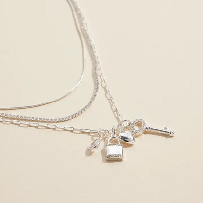 Layered Necklace with Lock, Key & Heart Charms - Nifty Decor & More