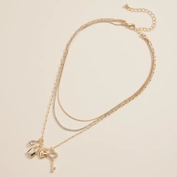 Layered Necklace with Lock, Key & Heart Charms - Nifty Decor & More