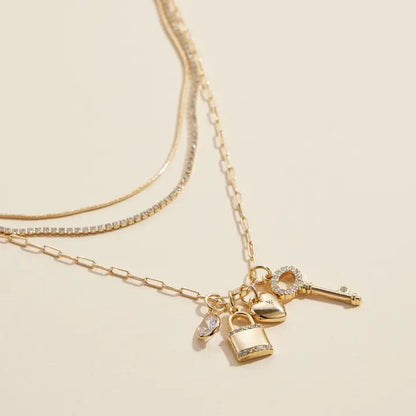Layered Necklace with Lock, Key & Heart Charms - Nifty Decor & More