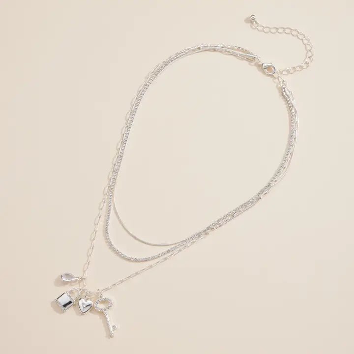 Layered Necklace with Lock, Key & Heart Charms - Nifty Decor & More