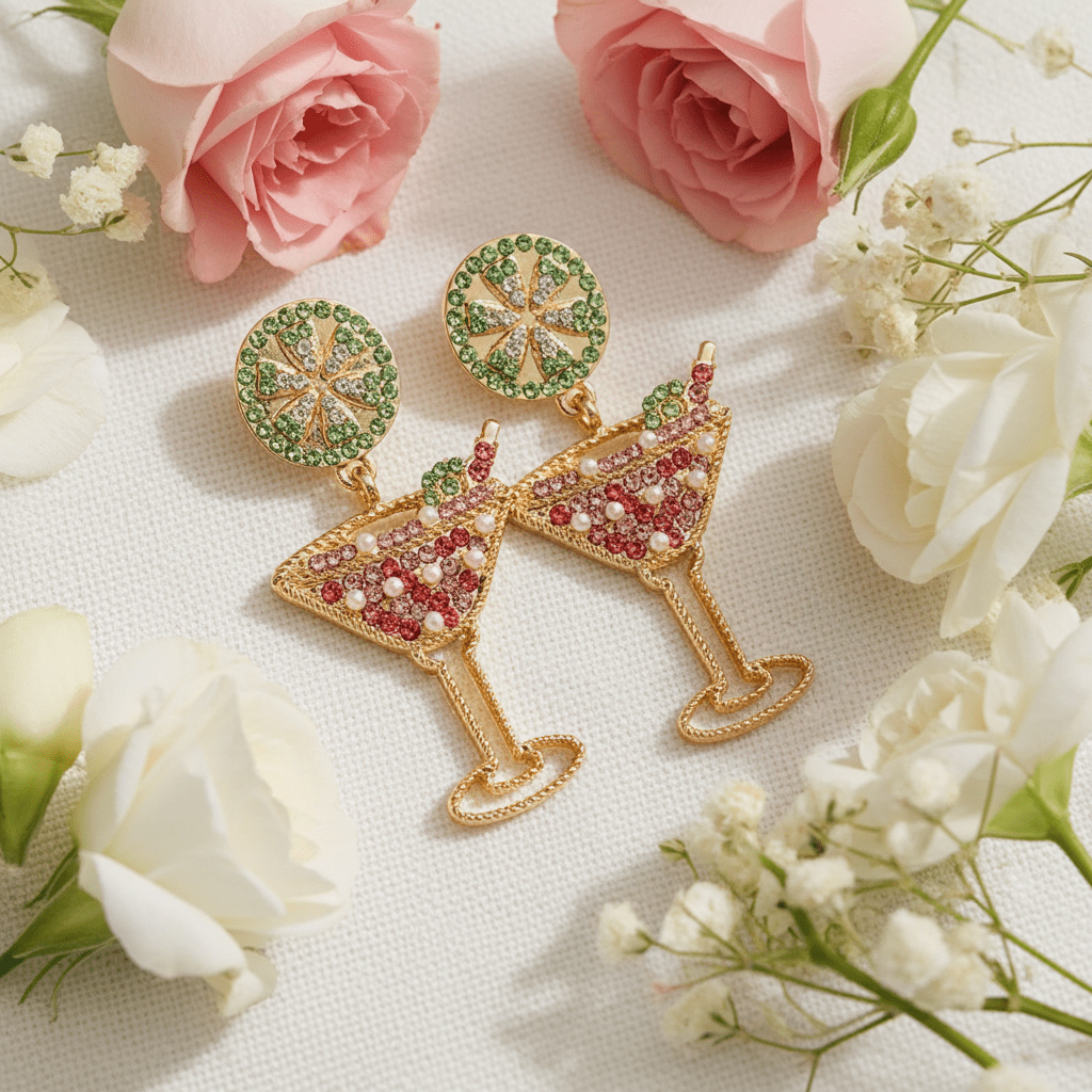 Lemon Slice & Rhinestone High Wine Glass Earrings - Nifty Decor & More