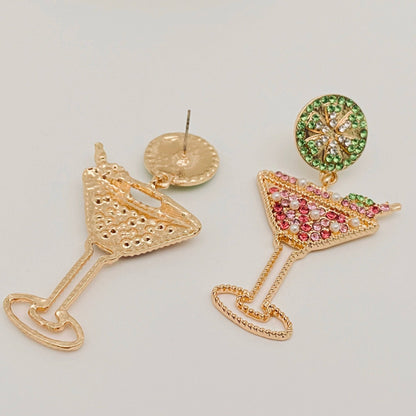 Lemon Slice & Rhinestone High Wine Glass Earrings, Vibrant Cocktail Inspired Jewelry, Fun Gift for Girly Glam - Nifty Decor & More