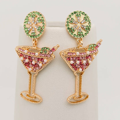 Lemon Slice & Rhinestone High Wine Glass Earrings, Vibrant Cocktail Inspired Jewelry, Fun Gift for Girly Glam - Nifty Decor & More