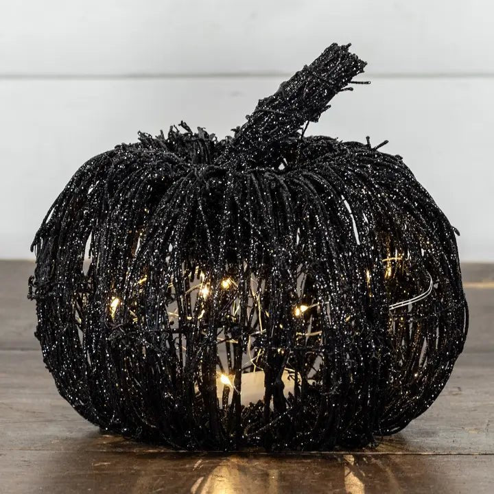 Lighted Black Glitter Rattan Pumpkin - Nifty Decor & More