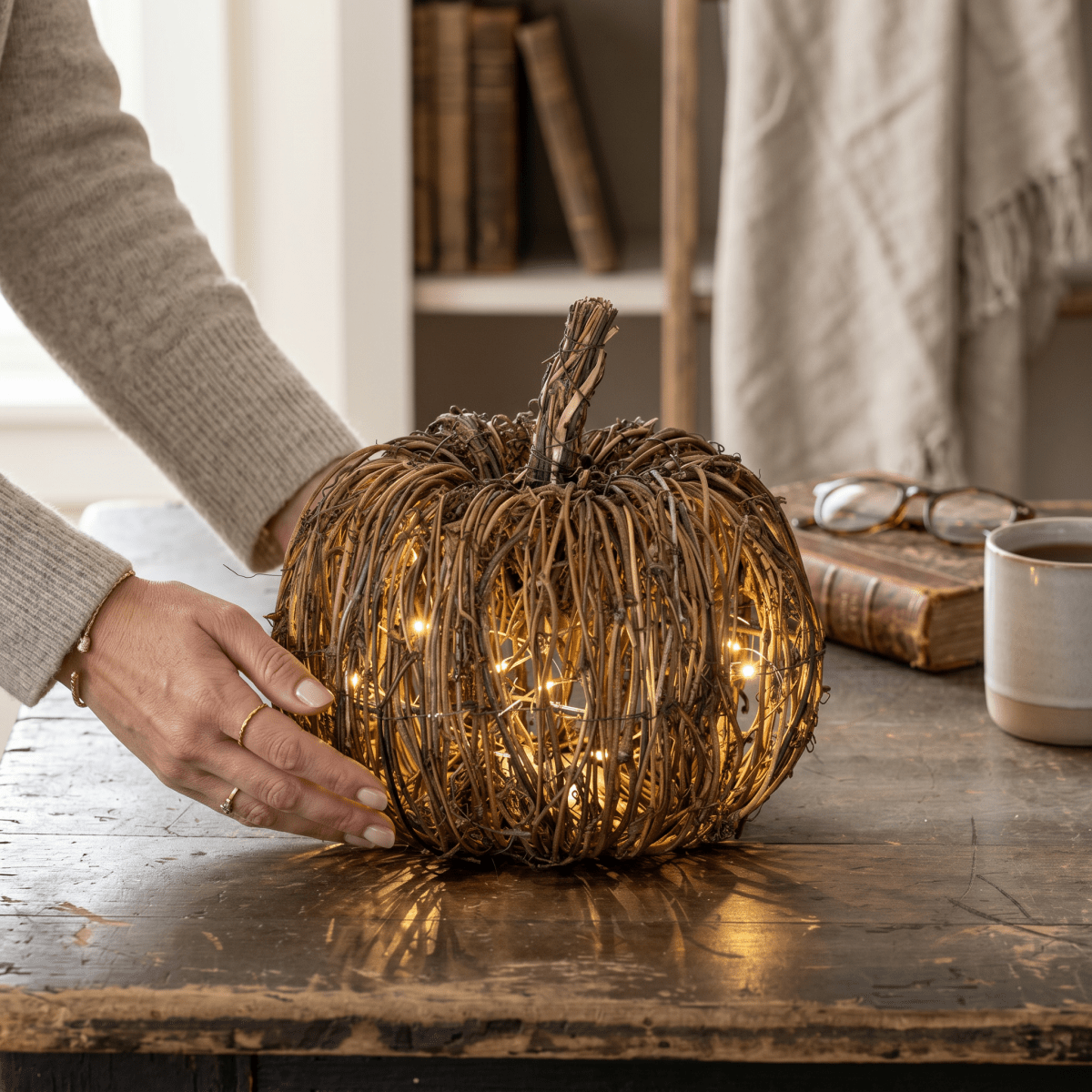 Decorative wicker pumpkin with string lights on a wooden table, held by a person.