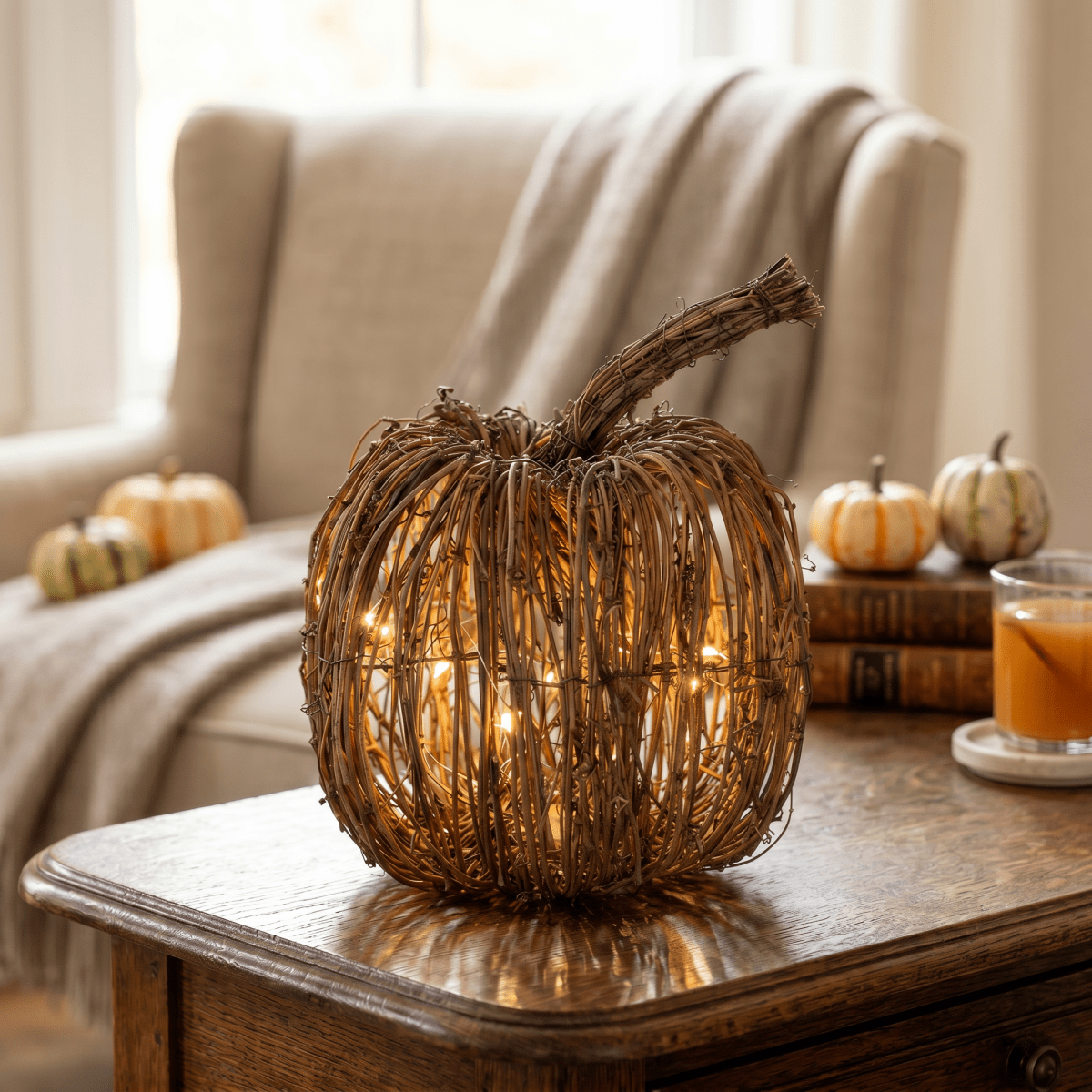 Decorative wicker pumpkin with lights on a wooden table in a cozy living room.