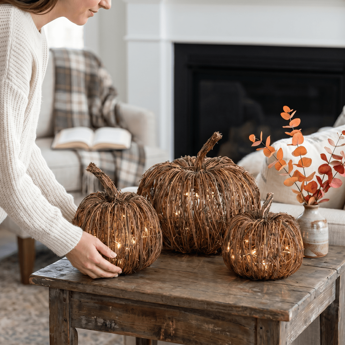 Person arranging decorative pumpkins with string lights on a wooden table in a cozy living room.