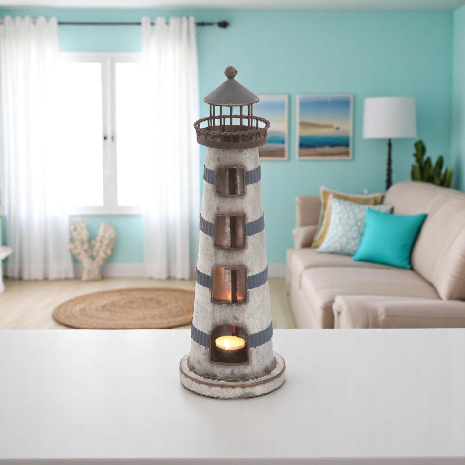 Lighthouse Tealight Holder | Spring Decor | Coastal Chic Candle Lantern |Perfect Gift for Beach Lovers Candle Holder