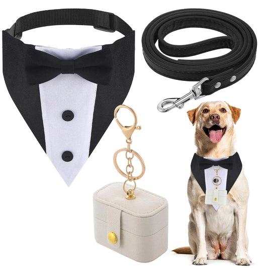 Locmeo 3 Pcs Dog Wedding Collar Outfit Include Dog Tuxedo Wedding Ring Bearer Wedding Ring Holder Pouch Box Adjustable Dog Neck Bow Tie with Leash for Pet Wedding(Tuxedo StyleL)