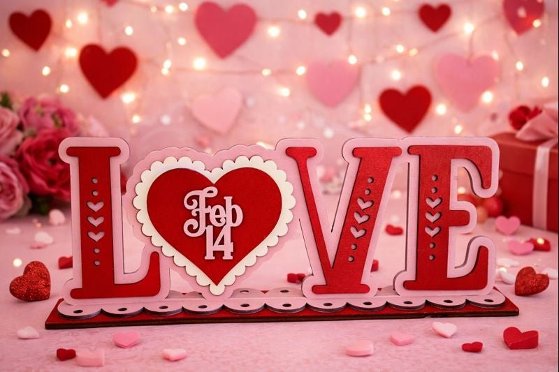 LOVE Feb 14 Tabletop Decor Pink and Red Wood Valentine Display - Nifty Decor & More