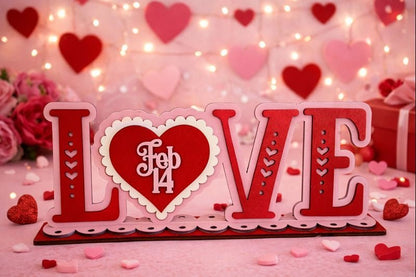 LOVE Feb 14 Tabletop Decor Pink and Red Wood Valentine Display - Nifty Decor & More