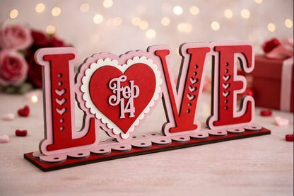 LOVE Feb 14 Tabletop Decor Pink and Red Wood Valentine Display - Nifty Decor & More