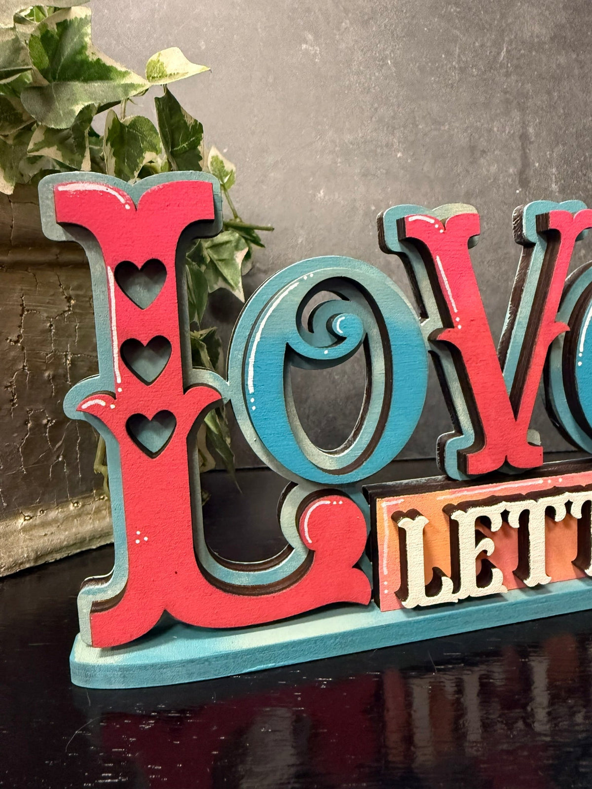 Love Letters Shelf Sitter • Pink & Teal Valentine Tabletop Accent - Nifty Decor & More
