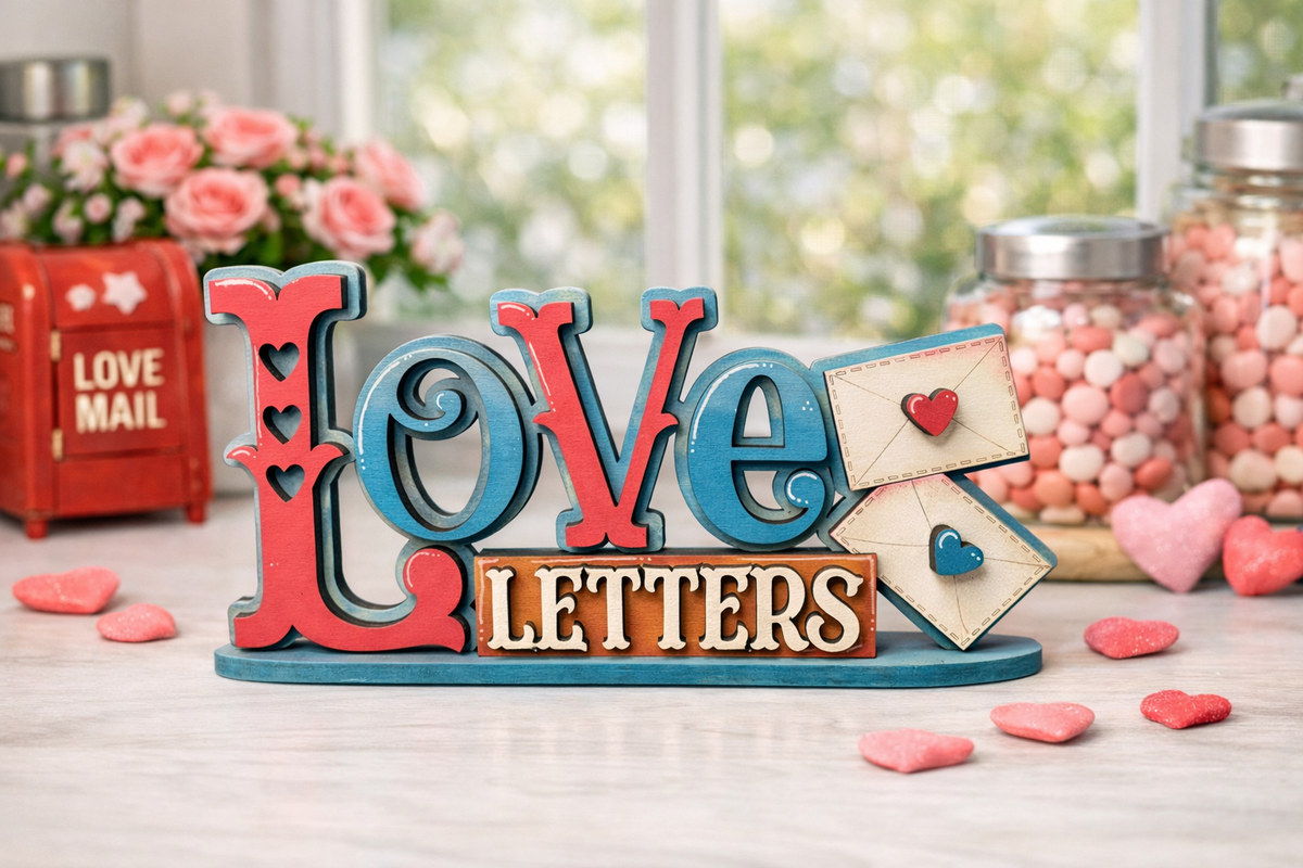 Love Letters Shelf Sitter • Pink & Teal Valentine Tabletop Accent - Nifty Decor & More