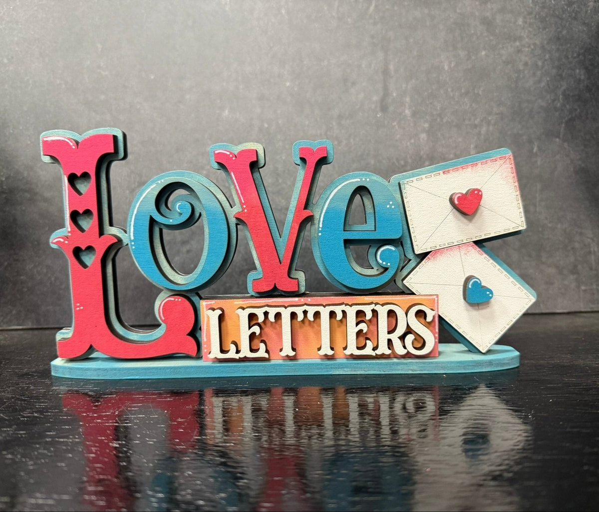 Love Letters Shelf Sitter • Pink & Teal Valentine Tabletop Accent - Nifty Decor & More