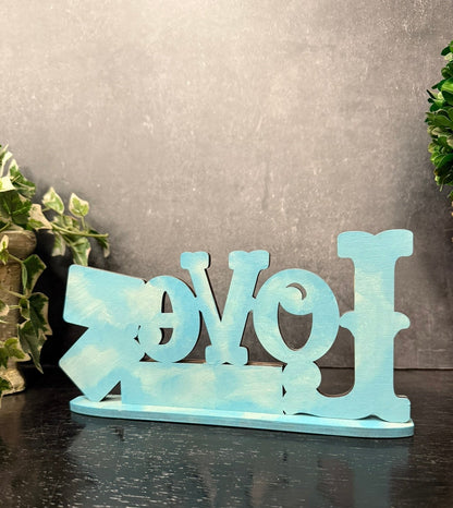 Love Letters Shelf Sitter • Pink & Teal Valentine Tabletop Accent - Nifty Decor & More