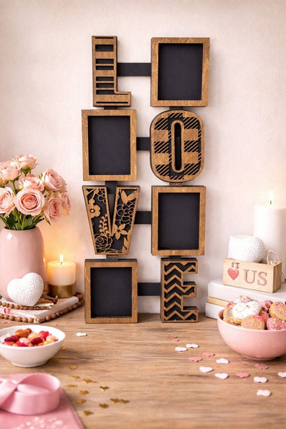 LOVE Photo Collage Frame, Wooden Love Picture Frame, Valentine Wall Decor, Rustic Love Sign, Couple Photo Display, Anniversary Gift - Nifty Decor & More