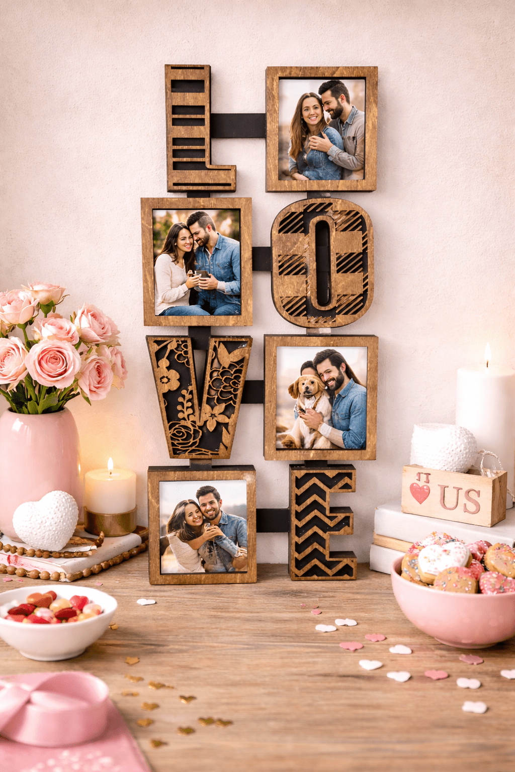 LOVE Photo Collage Frame, Wooden Love Picture Frame, Valentine Wall Decor, Rustic Love Sign, Couple Photo Display, Anniversary Gift - Nifty Decor & More