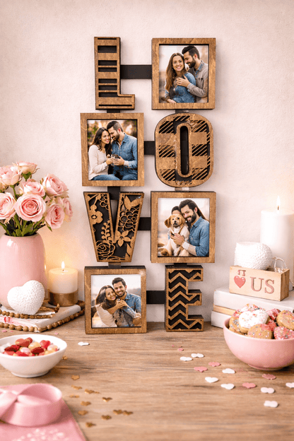 LOVE Photo Collage Frame, Wooden Love Picture Frame, Valentine Wall Decor, Rustic Love Sign, Couple Photo Display, Anniversary Gift - Nifty Decor & More