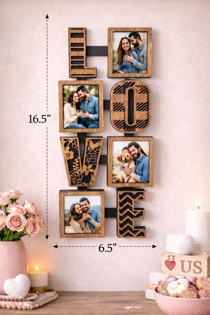 LOVE Photo Collage Frame, Wooden Love Picture Frame, Valentine Wall Decor, Rustic Love Sign, Couple Photo Display, Anniversary Gift - Nifty Decor & More