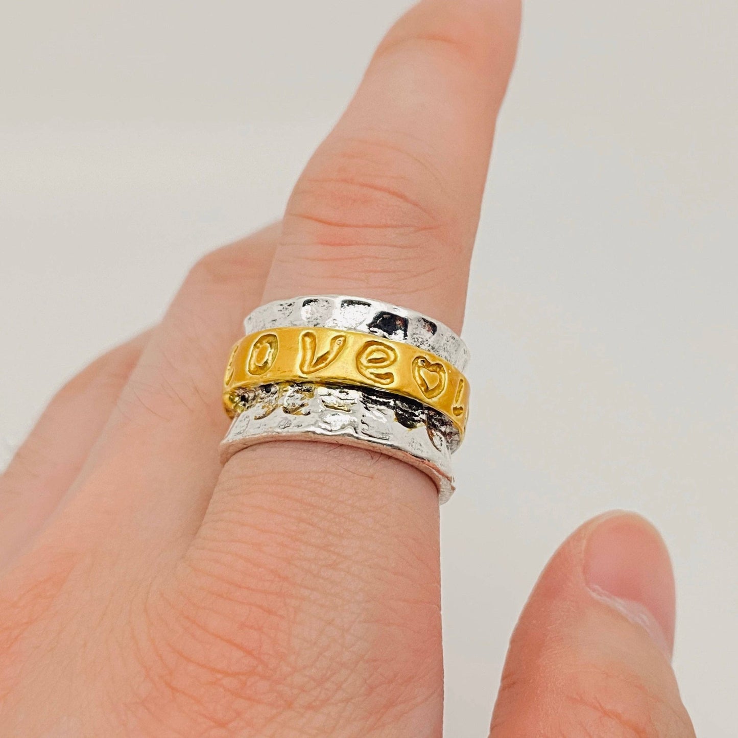 Love Spinner Ring – Two Tone Gold & Silver Engraved Band, Allergy - Free Alloy Ring, Meaningful Gift Jewelry - Nifty Decor & More