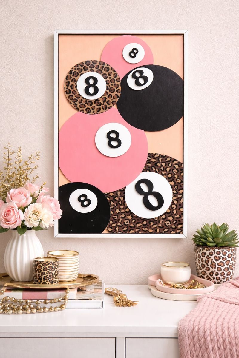 Lucky Eight Pink & Leopard 8 Ball Wall Art | 3D Layered Pool Room Decor | Statement Game Room Wall Art | 16.5 x 9.5 - Nifty Decor & More