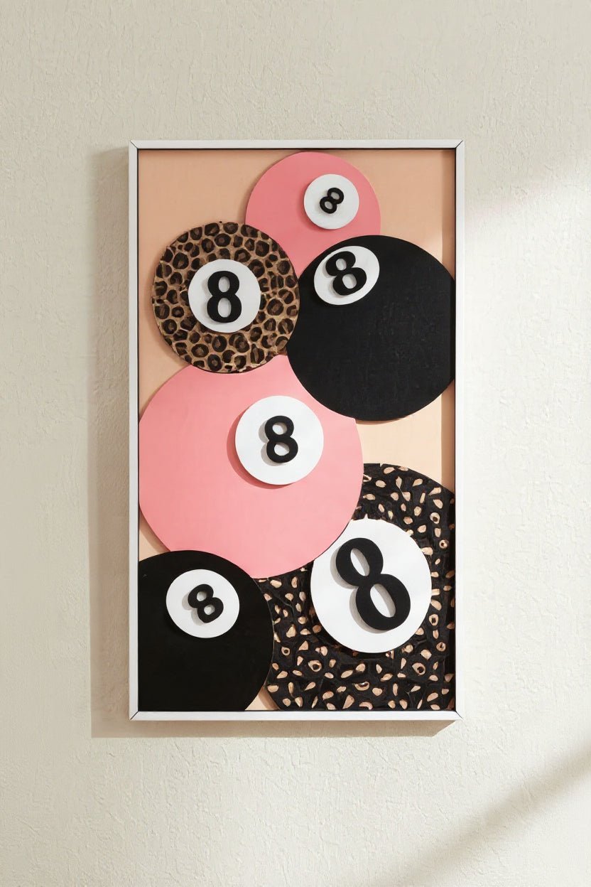 Lucky Eight Pink & Leopard 8 Ball Wall Art | 3D Layered Pool Room Decor | Statement Game Room Wall Art | 16.5 x 9.5 - Nifty Decor & More