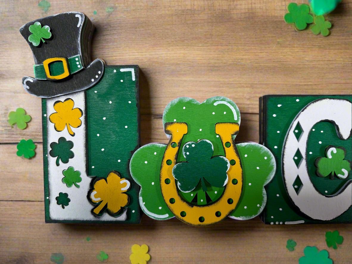 Lucky Word Block Decor Green and Gold St Patricks Day Shelf Sitter Boho Lucky Charms for Home - Nifty Decor & More