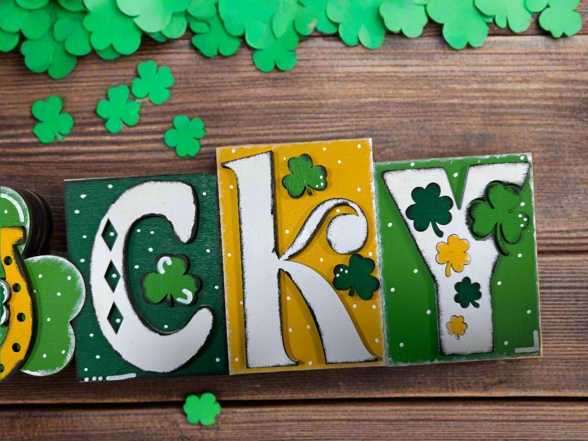 Lucky Word Block Decor Green and Gold St Patricks Day Shelf Sitter Boho Lucky Charms for Home - Nifty Decor & More