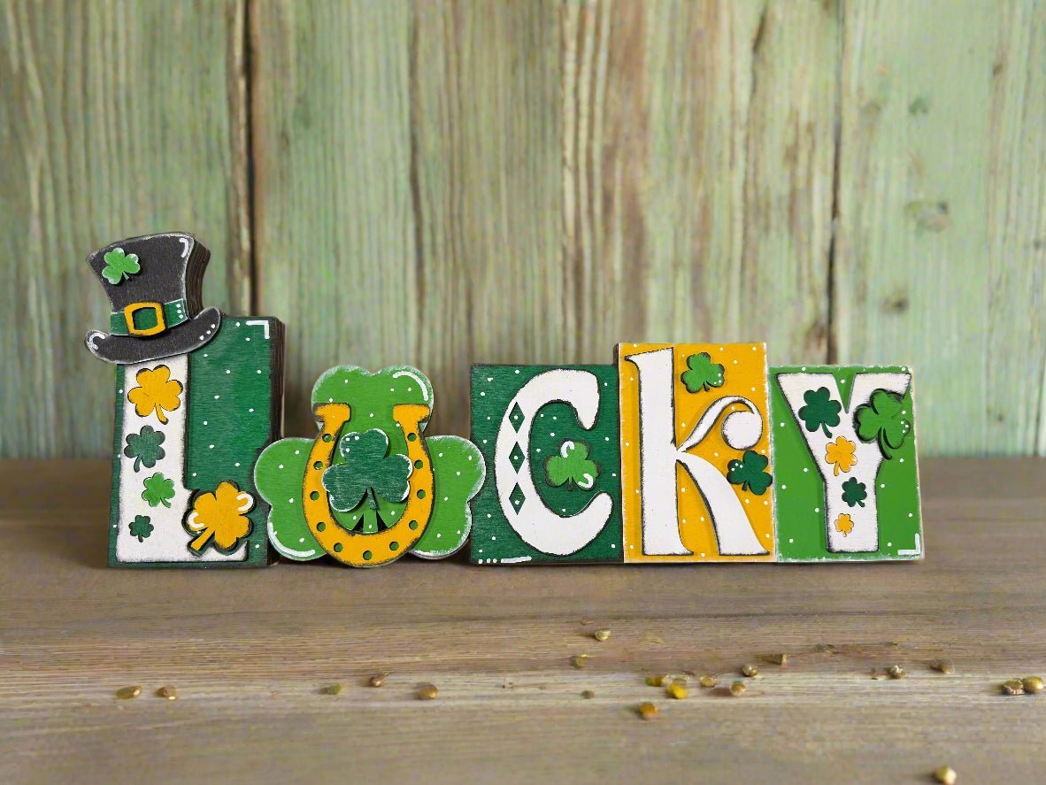 Lucky Word Block Decor Green and Gold St Patricks Day Shelf Sitter Boho Lucky Charms for Home - Nifty Decor & More