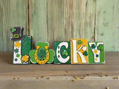 Lucky Word Block Decor Green and Gold St Patricks Day Shelf Sitter Boho Lucky Charms for Home - Nifty Decor & More