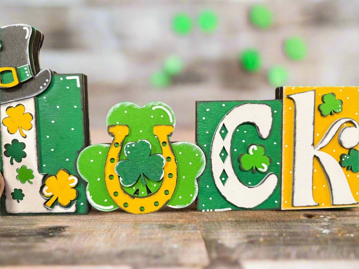 Lucky Word Block Decor Green and Gold St Patricks Day Shelf Sitter Boho Lucky Charms for Home - Nifty Decor & More