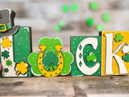Lucky Word Block Decor Green and Gold St Patricks Day Shelf Sitter Boho Lucky Charms for Home - Nifty Decor & More